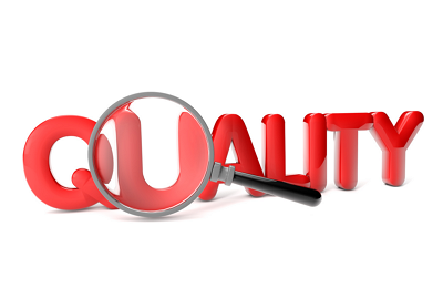 放大鏡檢查'QUALITY'單詞的插圖，表現上海駿材制定執行嚴格產(chǎn)品質(zhì)量標準